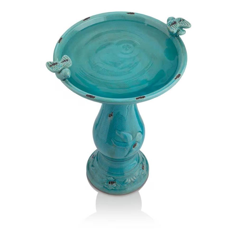 Outdoor Turquoise Blue Ceramic Birdbath - PRHOMZ
