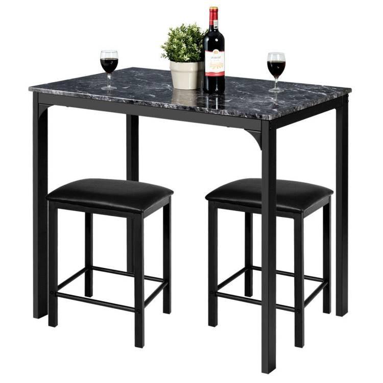 Modern 3-Piece Dining Set Black Faux Marble Table-Top and 2 Black Chairs Stools - PRHOMZ