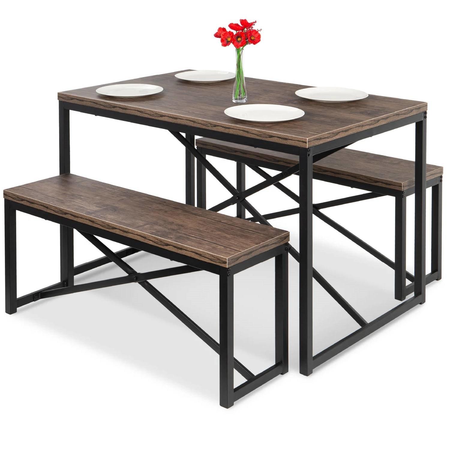Modern 3-Piece Dining Set with Wood Top Metal Frame Table and 2 Bench Chairs - PRHOMZ