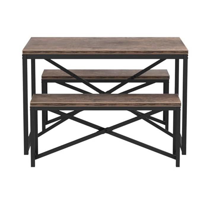 Modern 3-Piece Dining Set with Wood Top Metal Frame Table and 2 Bench Chairs - PRHOMZ