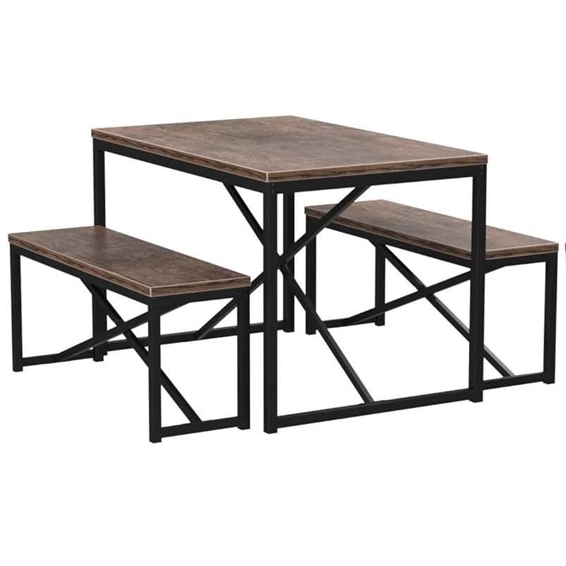 Modern 3-Piece Dining Set with Wood Top Metal Frame Table and 2 Bench Chairs - PRHOMZ