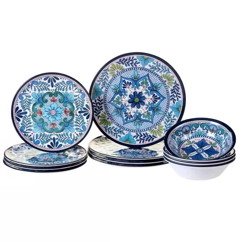12-Piece Melamine Dinnerware Plates Bowls Set with Blue Floral Pattern - PRHOMZ