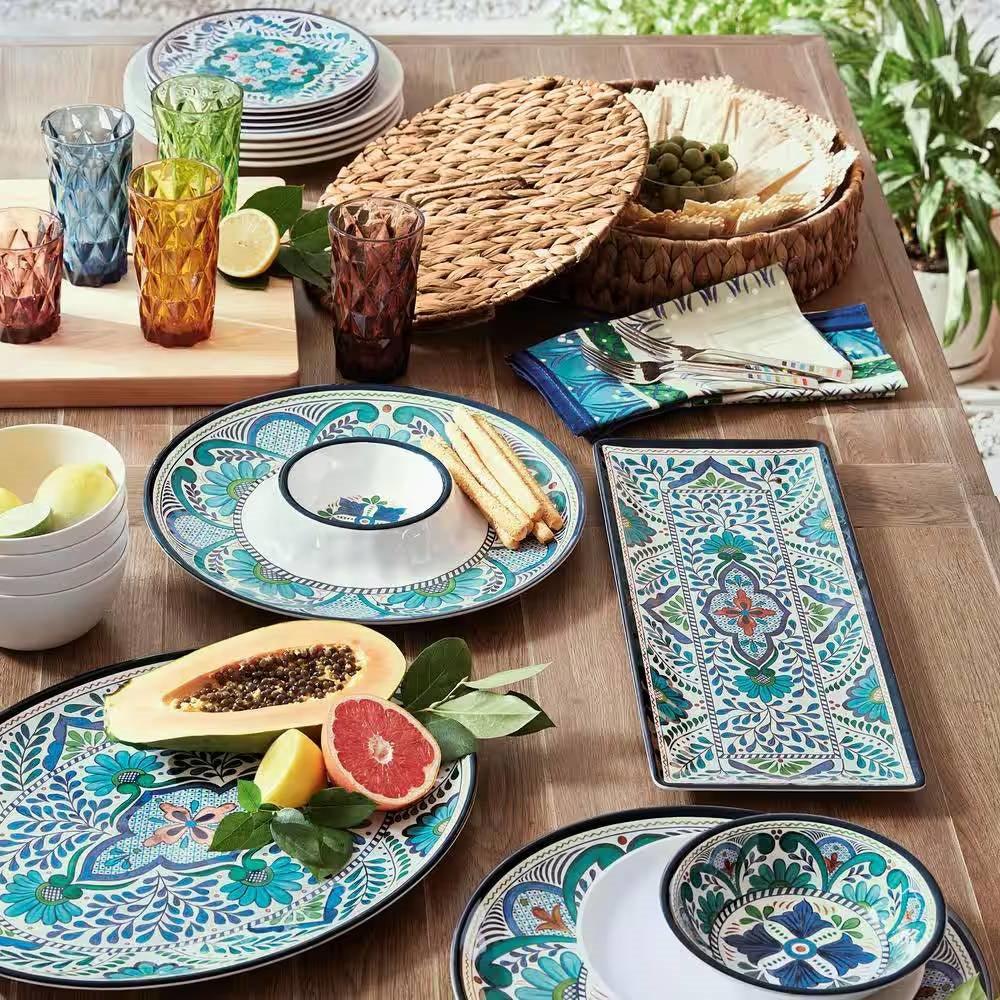 12-Piece Melamine Dinnerware Plates Bowls Set with Blue Floral Pattern - PRHOMZ