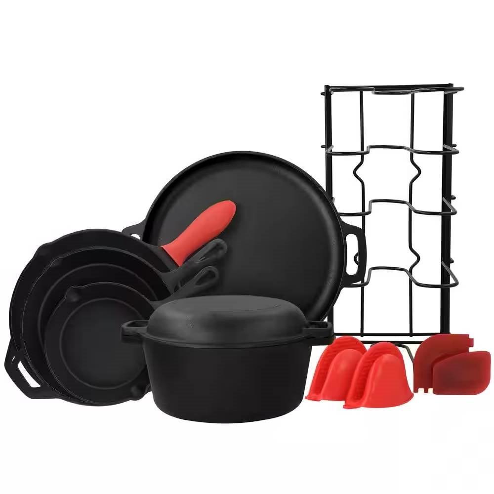 12-Piece Cast Iron Cookware set with Dutch Oven Frying Pan Skillet and Pizza Pan - PRHOMZ