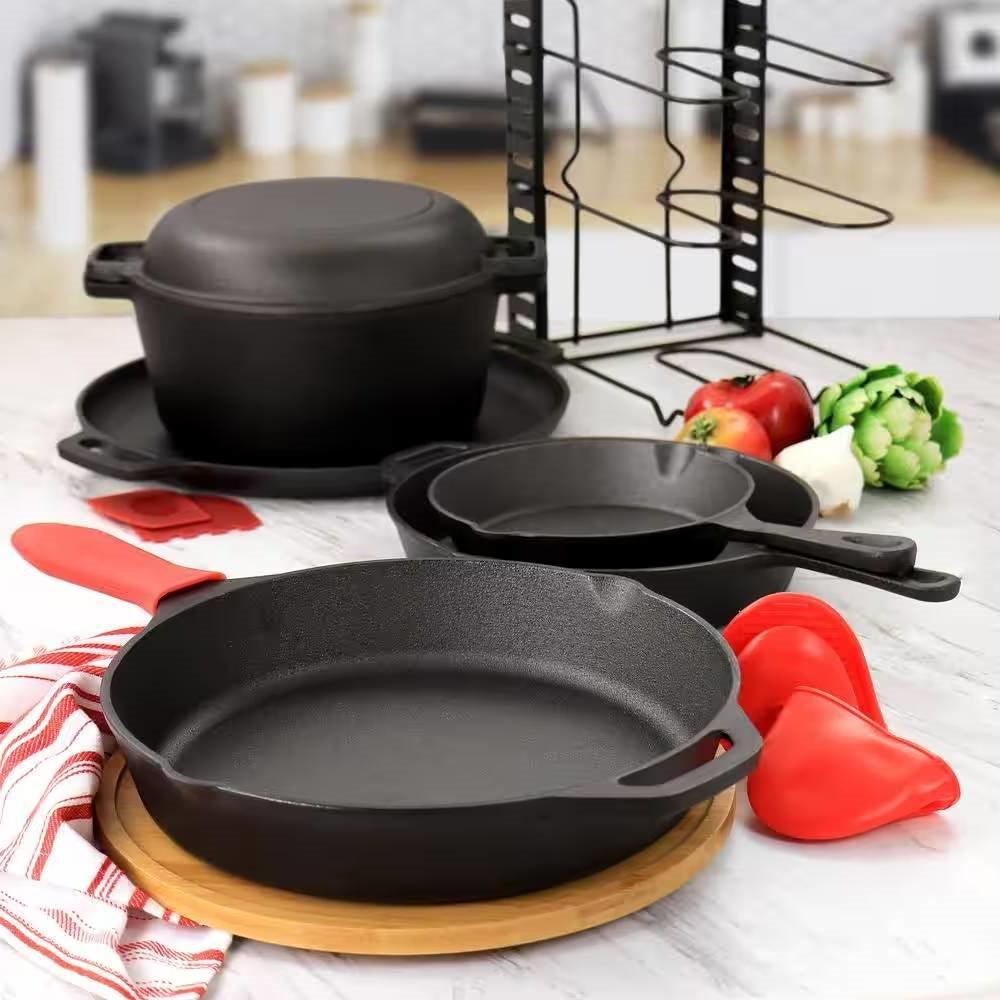 12-Piece Cast Iron Cookware set with Dutch Oven Frying Pan Skillet and Pizza Pan - PRHOMZ