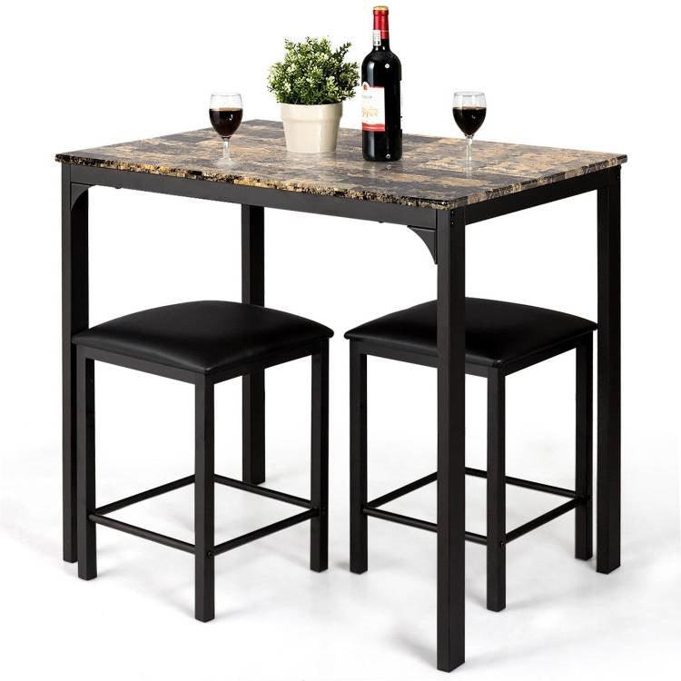 Modern 3-Piece Dining Set Brown Faux Marble Table-Top and 2 Black Chairs Stools - PRHOMZ