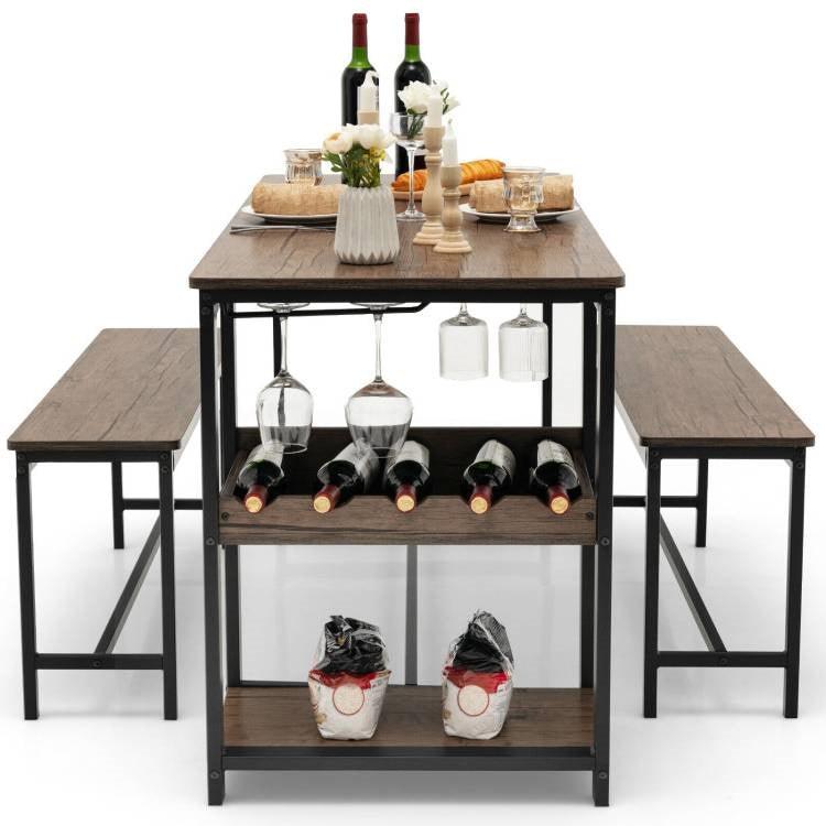 Modern Industrial 3-Piece Metal Wood Dining Set with 2 Benches and Wine Rack - PRHOMZ