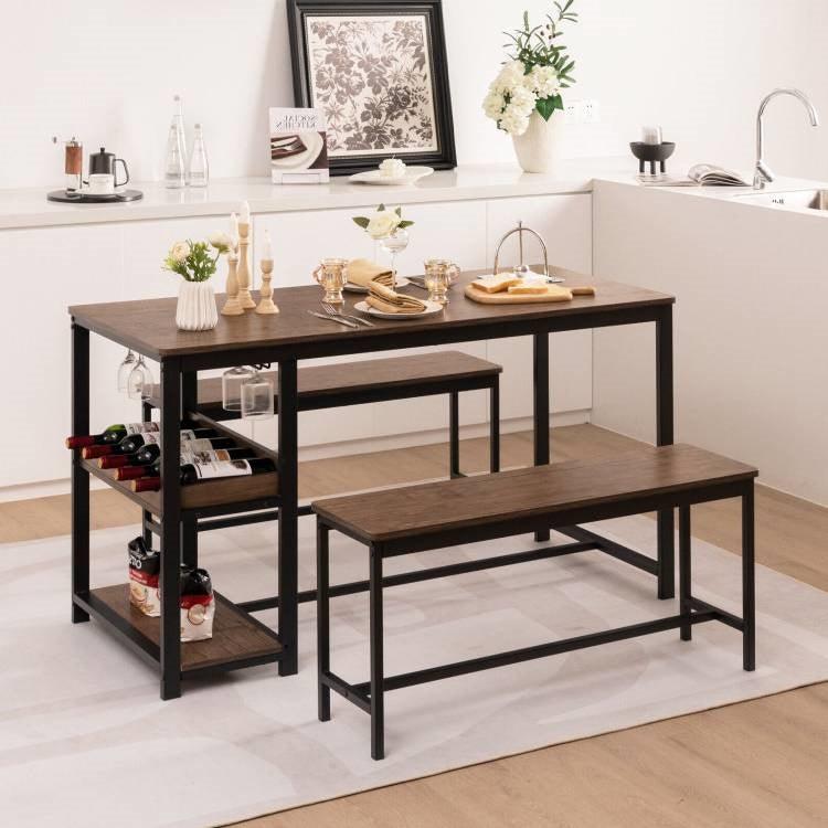 Modern Industrial 3-Piece Metal Wood Dining Set with 2 Benches and Wine Rack - PRHOMZ