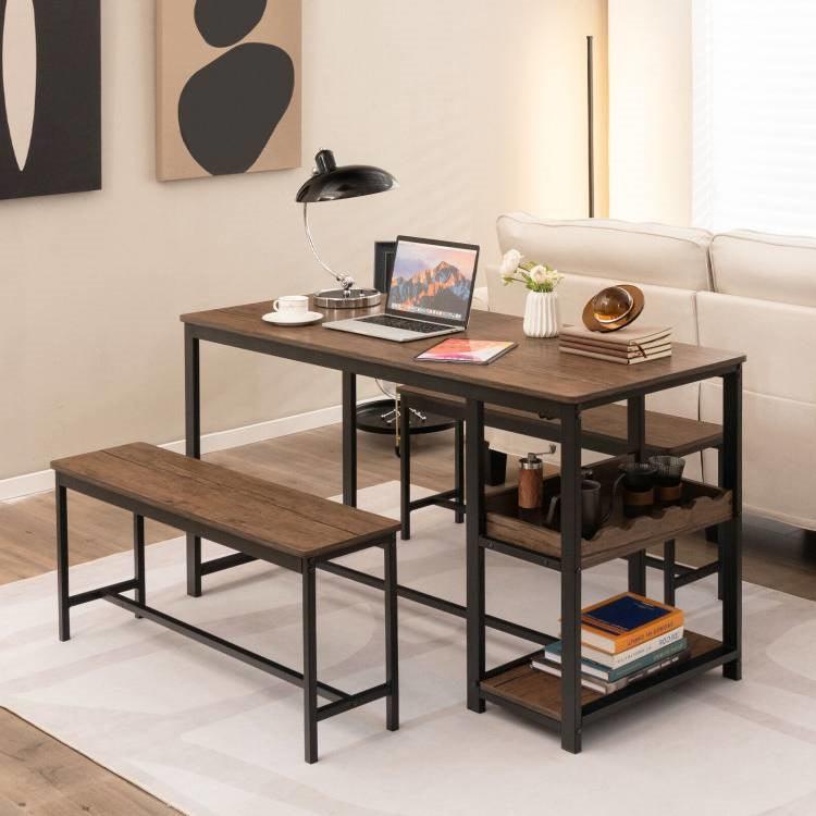 Modern Industrial 3-Piece Metal Wood Dining Set with 2 Benches and Wine Rack - PRHOMZ
