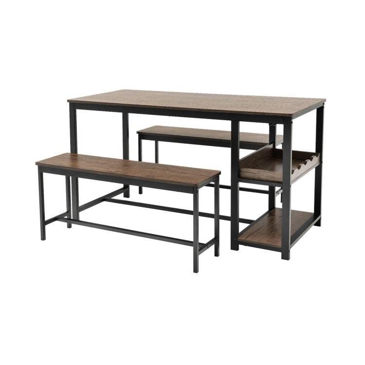 Modern Industrial 3-Piece Metal Wood Dining Set with 2 Benches and Wine Rack - PRHOMZ