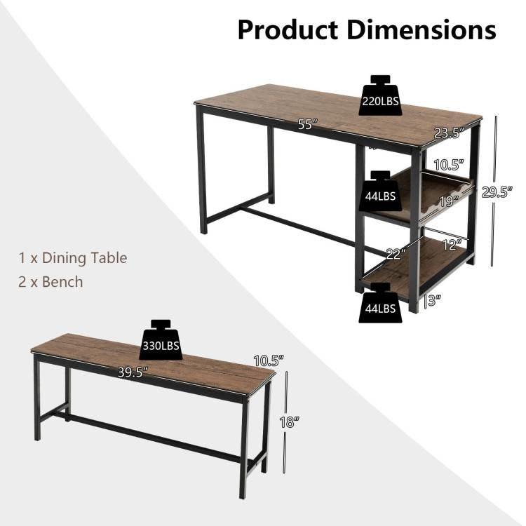 Modern Industrial 3-Piece Metal Wood Dining Set with 2 Benches and Wine Rack - PRHOMZ