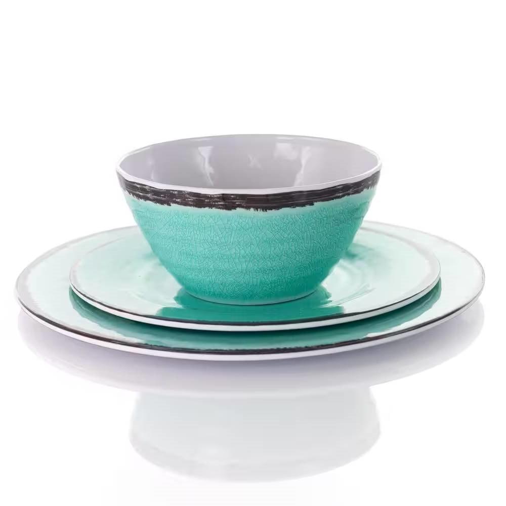 12-Piece Melamine Plates Bowls Dinnerware Set in Turquoise Blue - Service for 4 - PRHOMZ