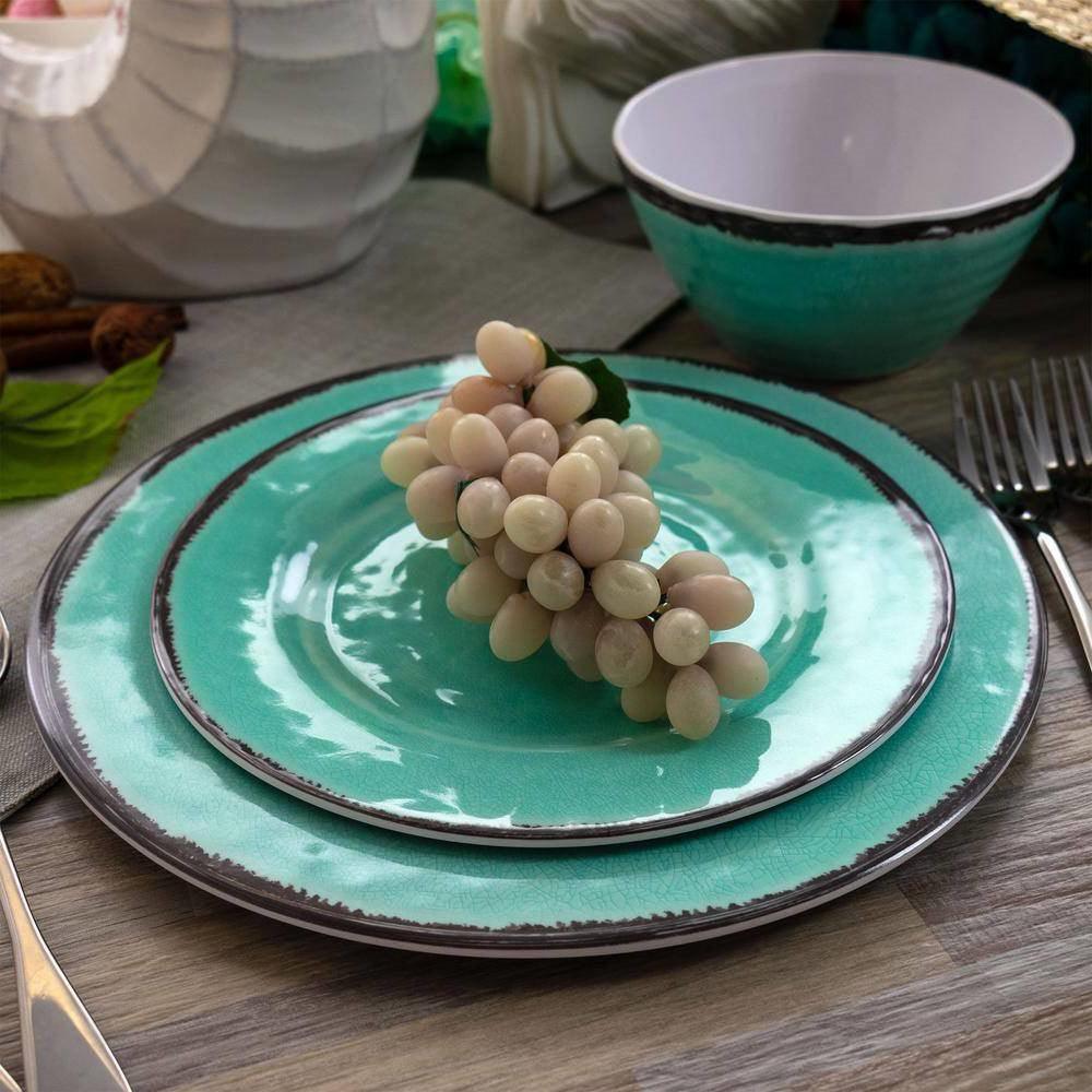 12-Piece Melamine Plates Bowls Dinnerware Set in Turquoise Blue - Service for 4 - PRHOMZ