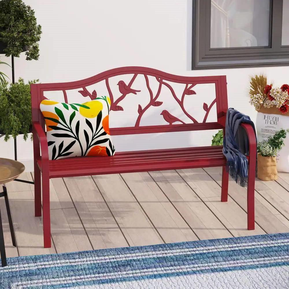 Red Steel Frame Outdoor Patio Garden Bench with Bird Branch Pattern Backrest - PRHOMZ