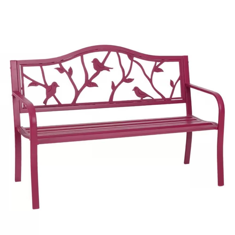 Red Steel Frame Outdoor Patio Garden Bench with Bird Branch Pattern Backrest - PRHOMZ