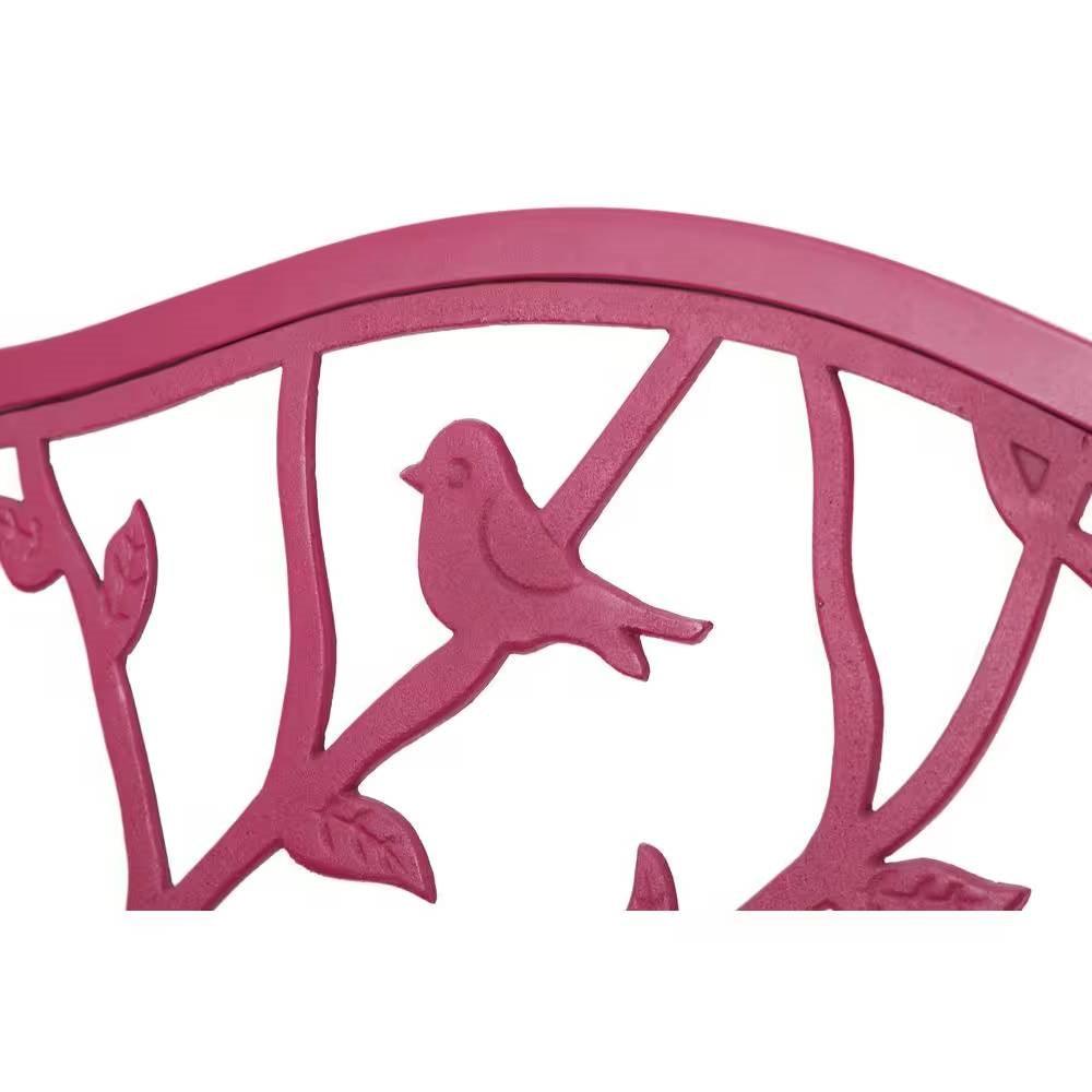 Red Steel Frame Outdoor Patio Garden Bench with Bird Branch Pattern Backrest - PRHOMZ