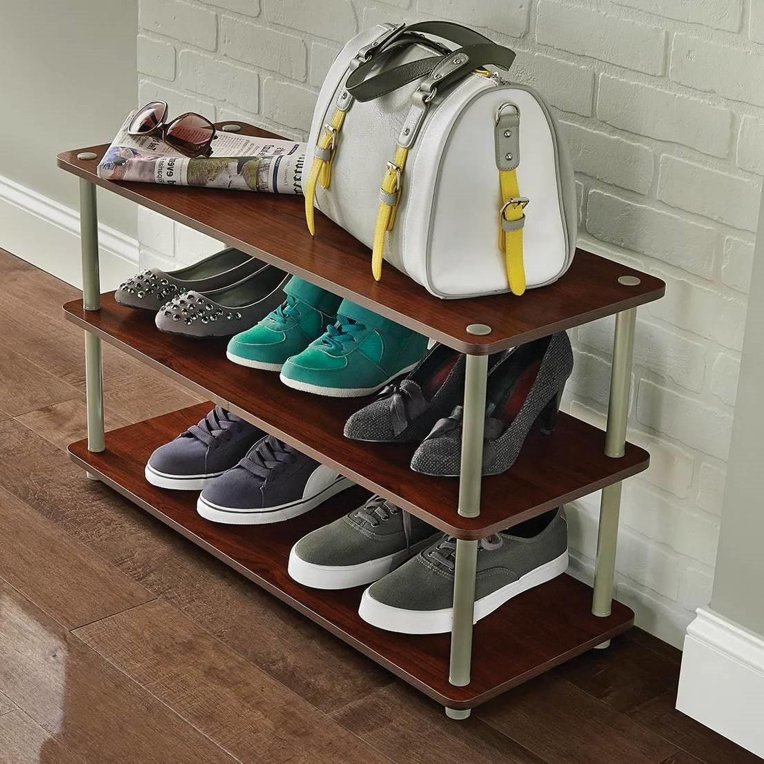Dark Cherry 3-Shelf Modern Shoe Rack - Holds up to 12 Pair of Shoes - PRHOMZ