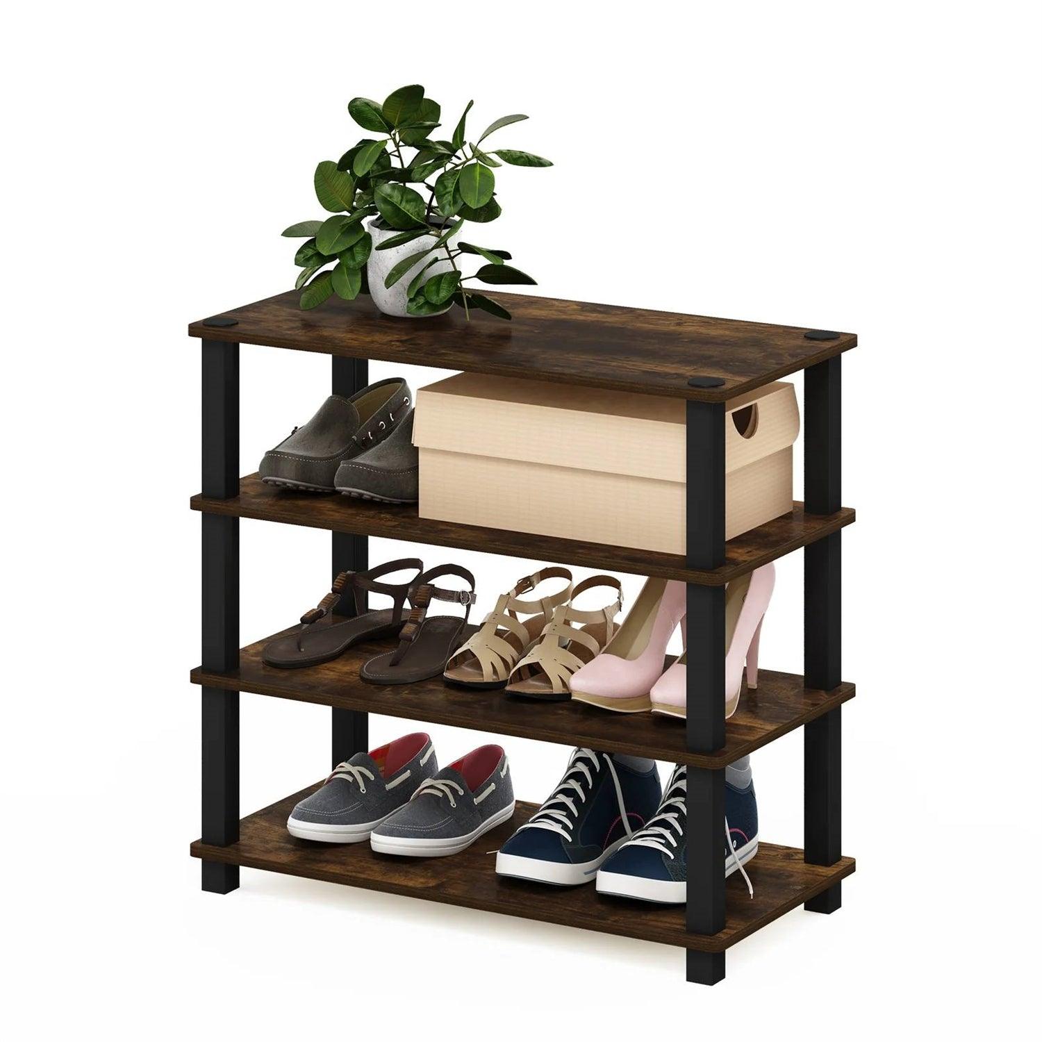 Stackable 4-Shelf Black Brown Wood Shoe Rack - Holds up to 12 Pair of Shoes - PRHOMZ