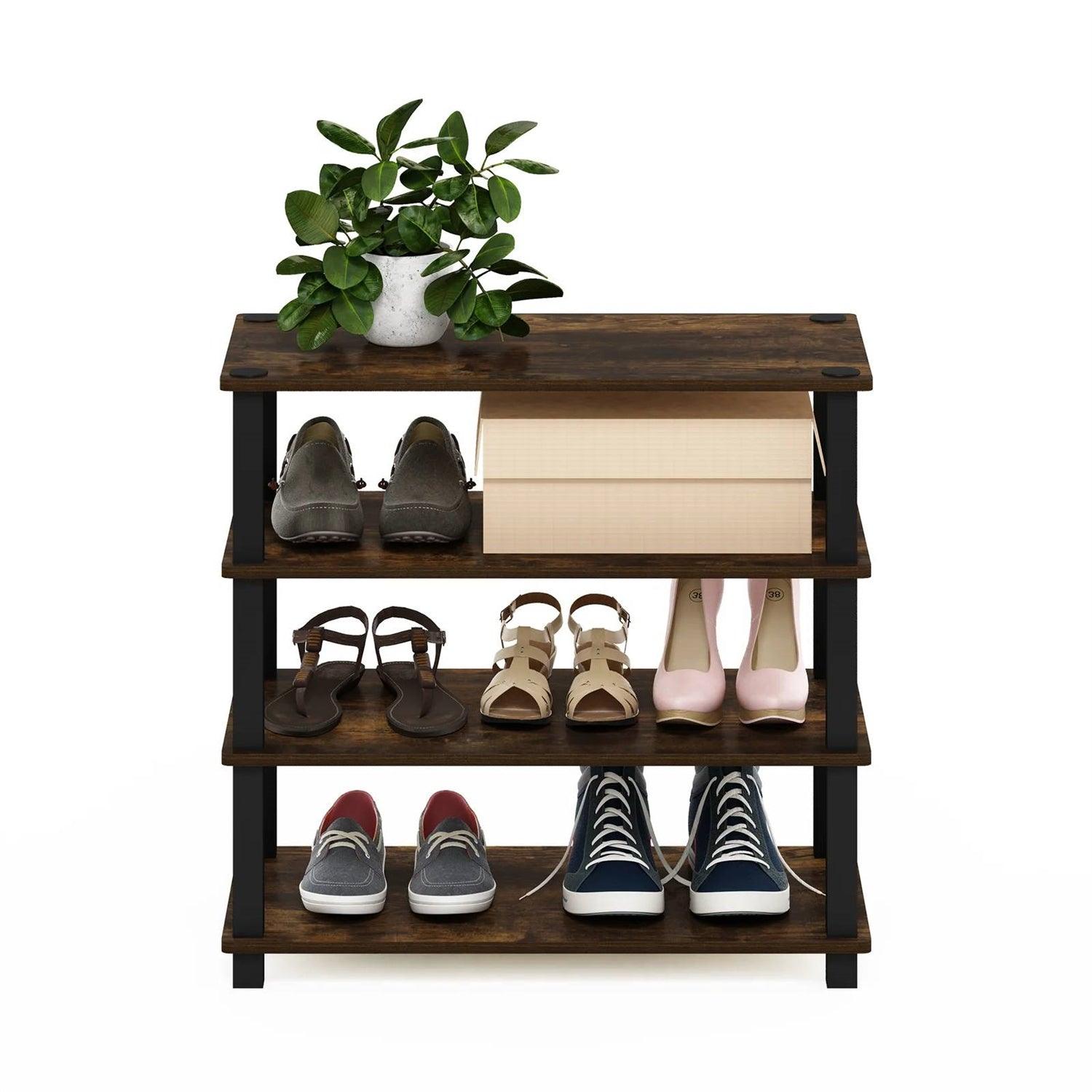 Stackable 4-Shelf Black Brown Wood Shoe Rack - Holds up to 12 Pair of Shoes - PRHOMZ