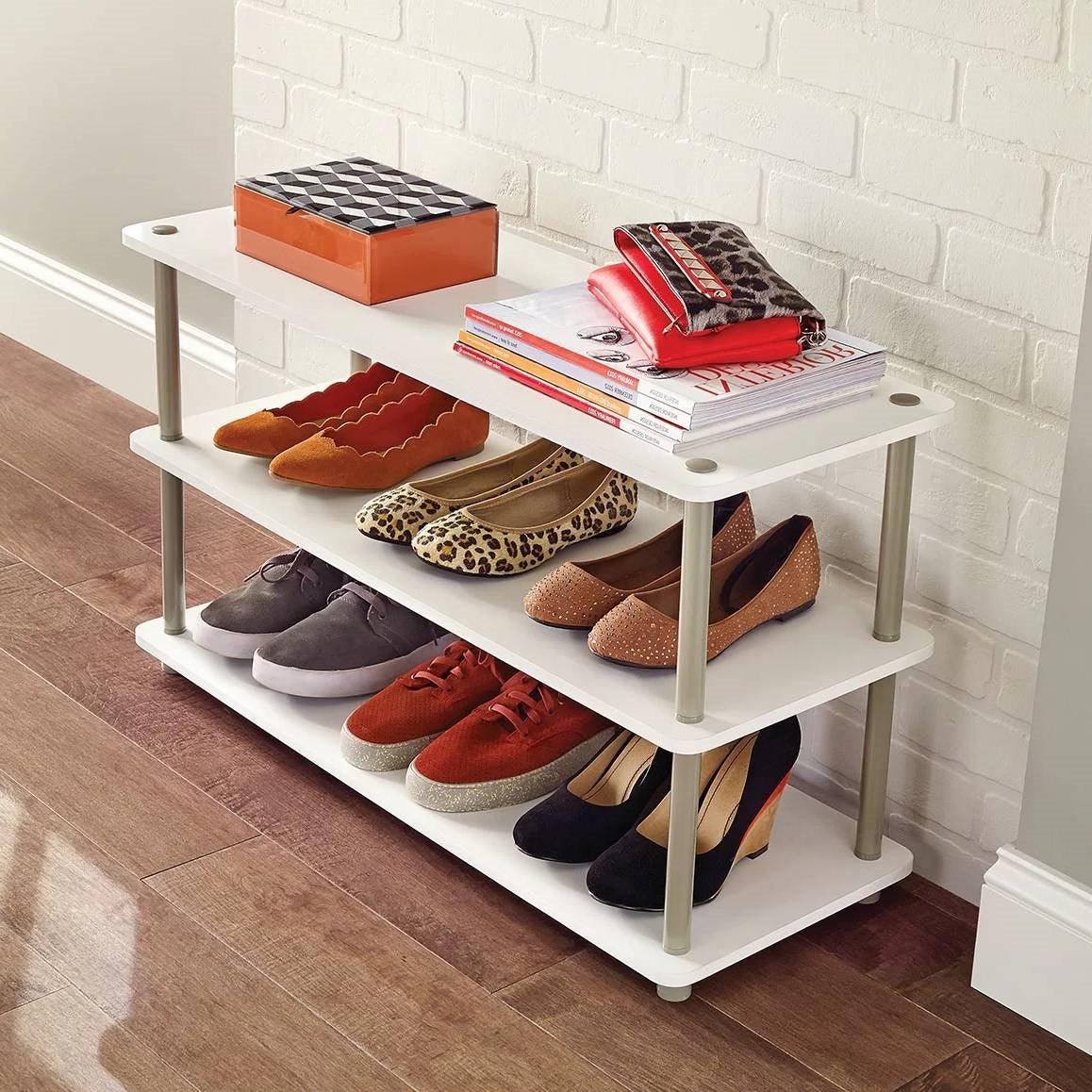 White 3-Shelf Modern Shoe Rack - Holds up to 12 Pair of Shoes - PRHOMZ