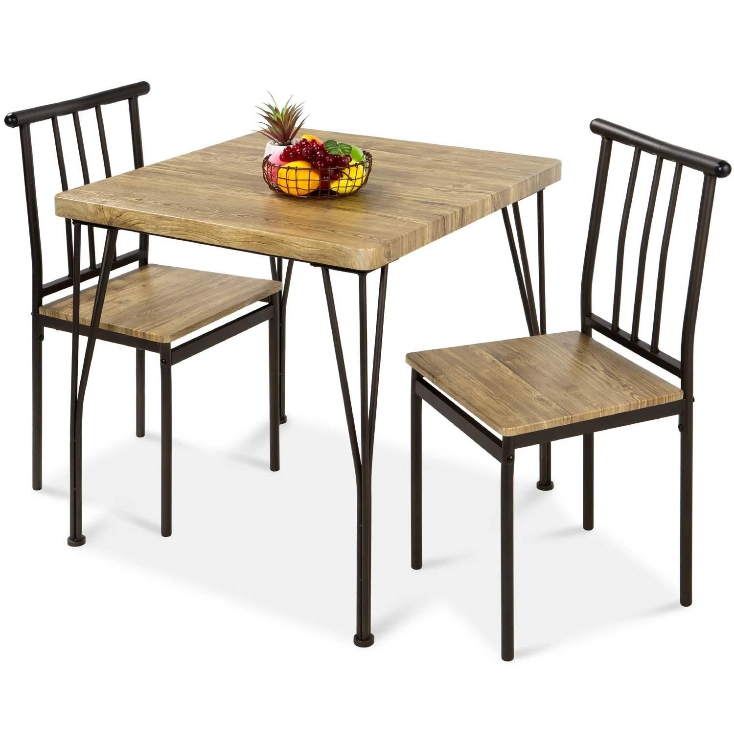 Modern 3-Piece Metal Frame Dining Set with Wood Top Table and 2 Chairs - PRHOMZ
