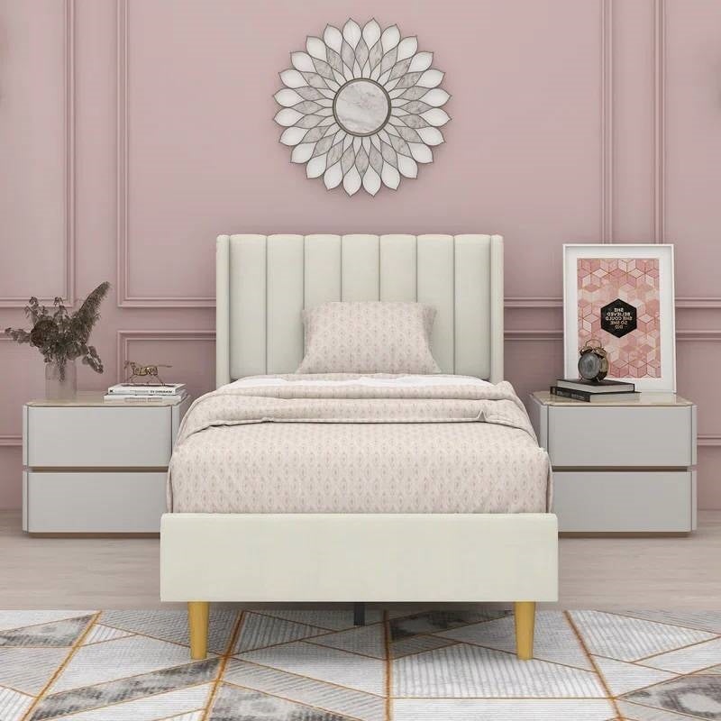 Twin size Mid-Century Platform Bed Frame with Cream Velvet Upholstered Headboard-1