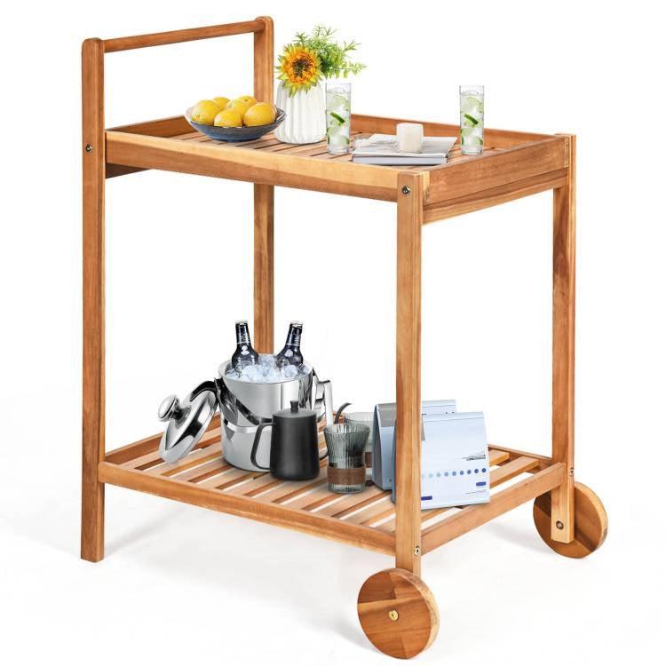 Solid Wood Rolling Serving Cart Kitchen Island with Bottom Shelf - PRHOMZ