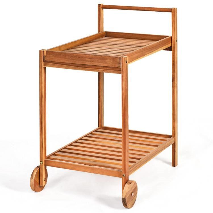 Solid Wood Rolling Serving Cart Kitchen Island with Bottom Shelf - PRHOMZ