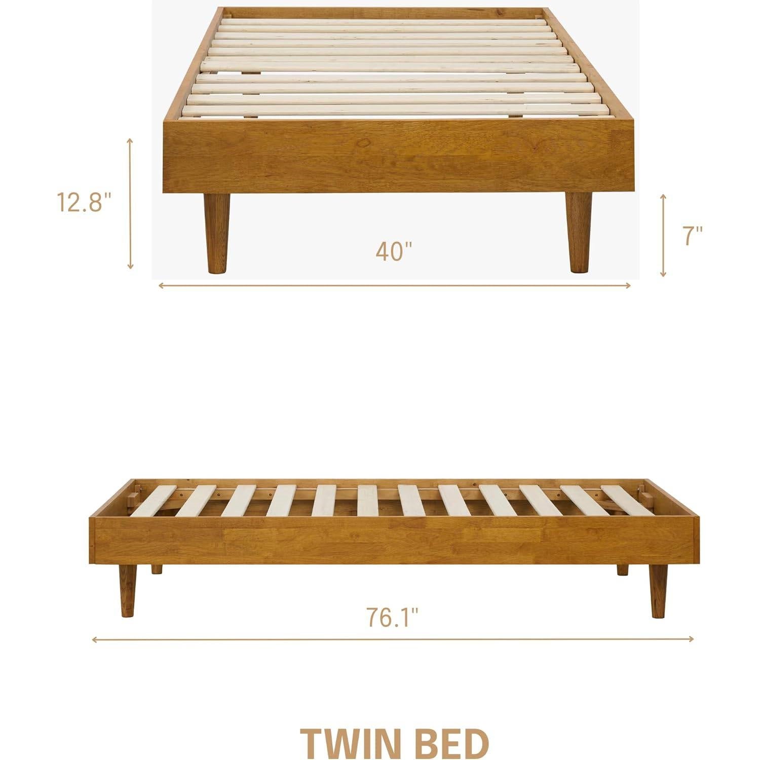 Twin size Mid-Century Modern Platform Bed Frame in Light Wood Finish-2