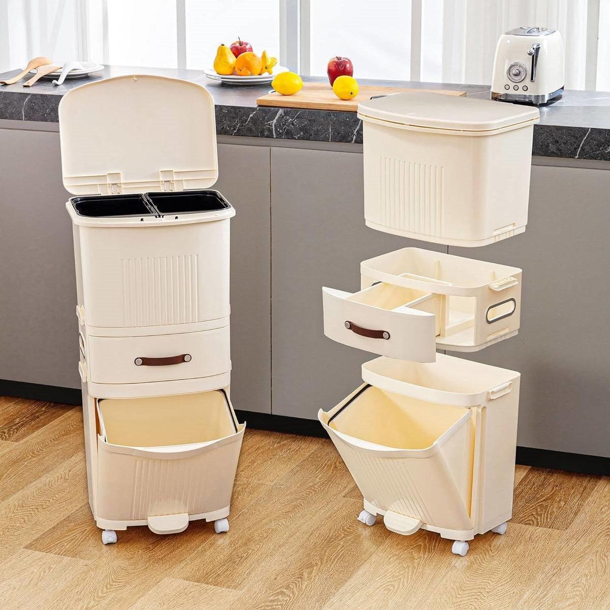 12-Gallon Elevated Trash Can Recycle Bin with Lid on Wheels in Cream - PRHOMZ