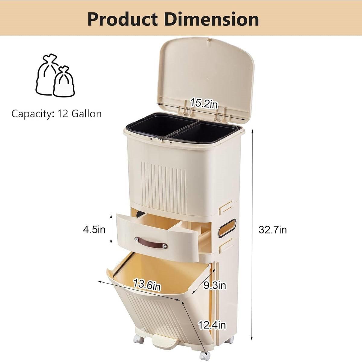 12-Gallon Elevated Trash Can Recycle Bin with Lid on Wheels in Cream - PRHOMZ
