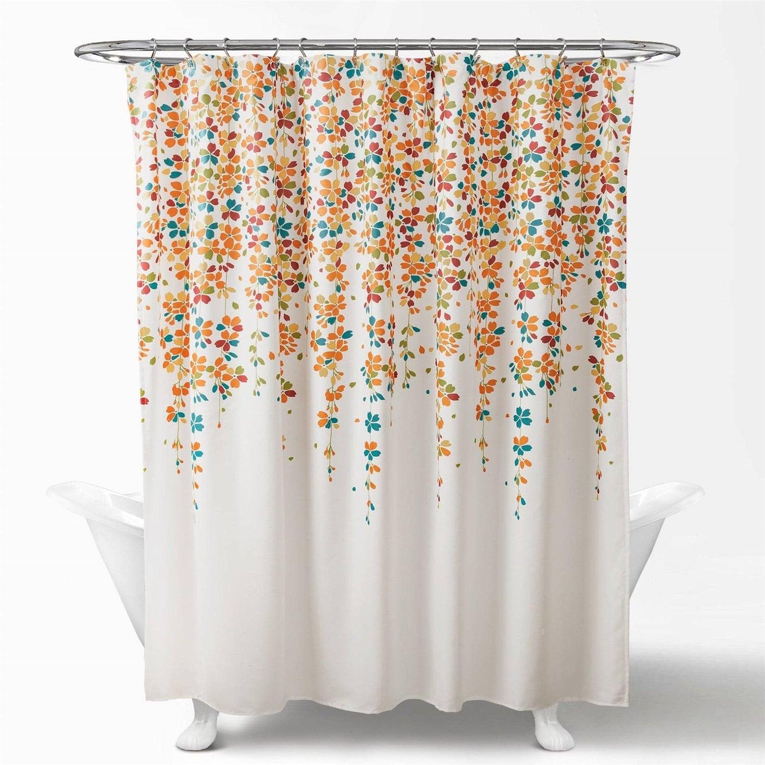 72-inch White Turquoise Blue Orange Floral Flowers Shower Curtain - PRHOMZ