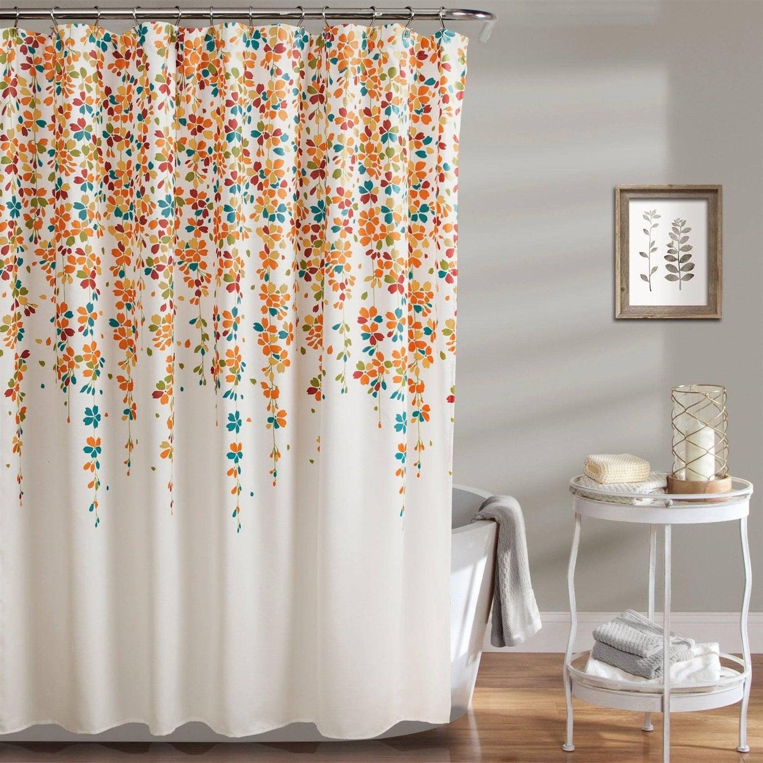 72-inch White Turquoise Blue Orange Floral Flowers Shower Curtain - PRHOMZ