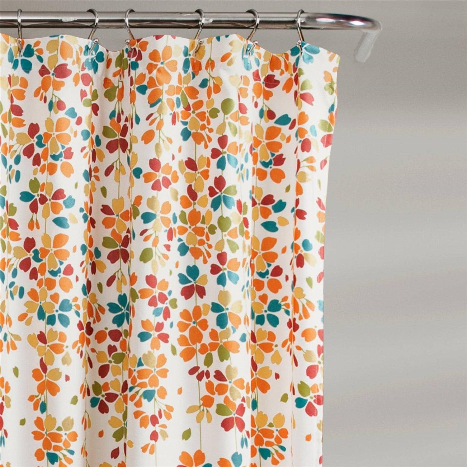 72-inch White Turquoise Blue Orange Floral Flowers Shower Curtain - PRHOMZ