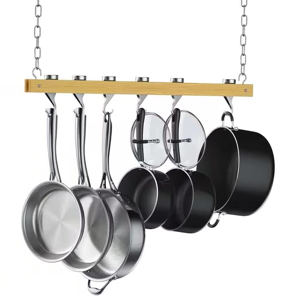 Ceiling Mounted 36-inch Wooden Pot Rack with 4 Pan Hanging Hooks and 2 Swivel Hooks - PRHOMZ