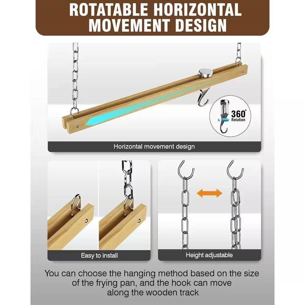 Ceiling Mounted 36-inch Wooden Pot Rack with 4 Pan Hanging Hooks and 2 Swivel Hooks - PRHOMZ