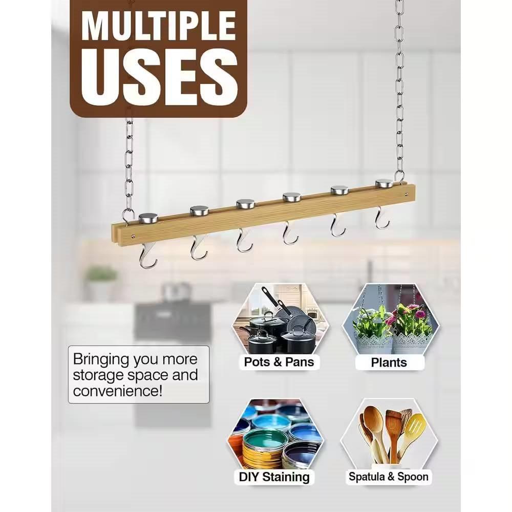 Ceiling Mounted 36-inch Wooden Pot Rack with 4 Pan Hanging Hooks and 2 Swivel Hooks - PRHOMZ