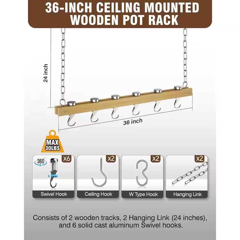Ceiling Mounted 36-inch Wooden Pot Rack with 4 Pan Hanging Hooks and 2 Swivel Hooks - PRHOMZ