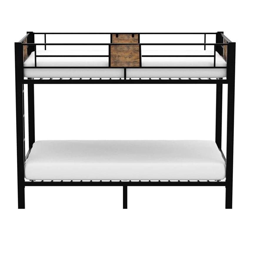 Twin over Twin Heavy Duty Metal Bunk Bed in Black with Side Ladder - PRHOMZ