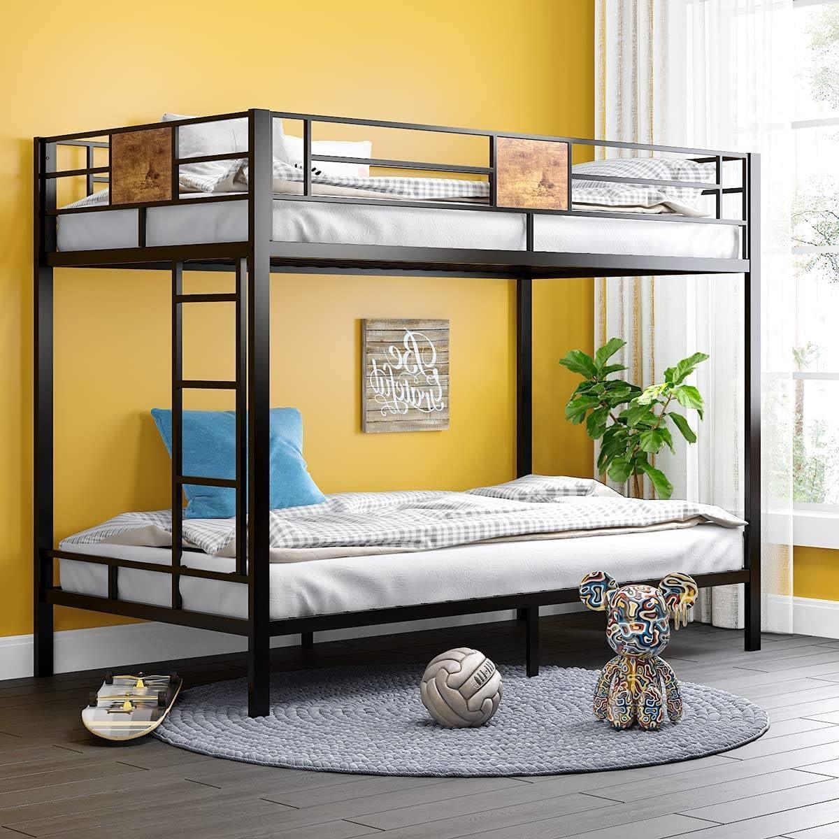 Twin over Twin Heavy Duty Metal Bunk Bed in Black with Side Ladder - PRHOMZ