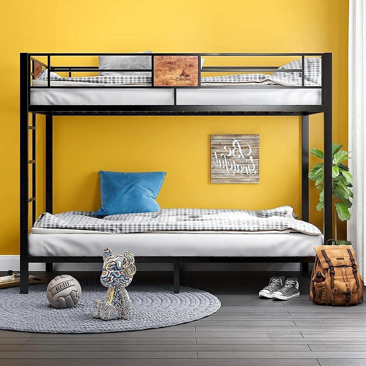 Twin over Twin Heavy Duty Metal Bunk Bed in Black with Side Ladder - PRHOMZ