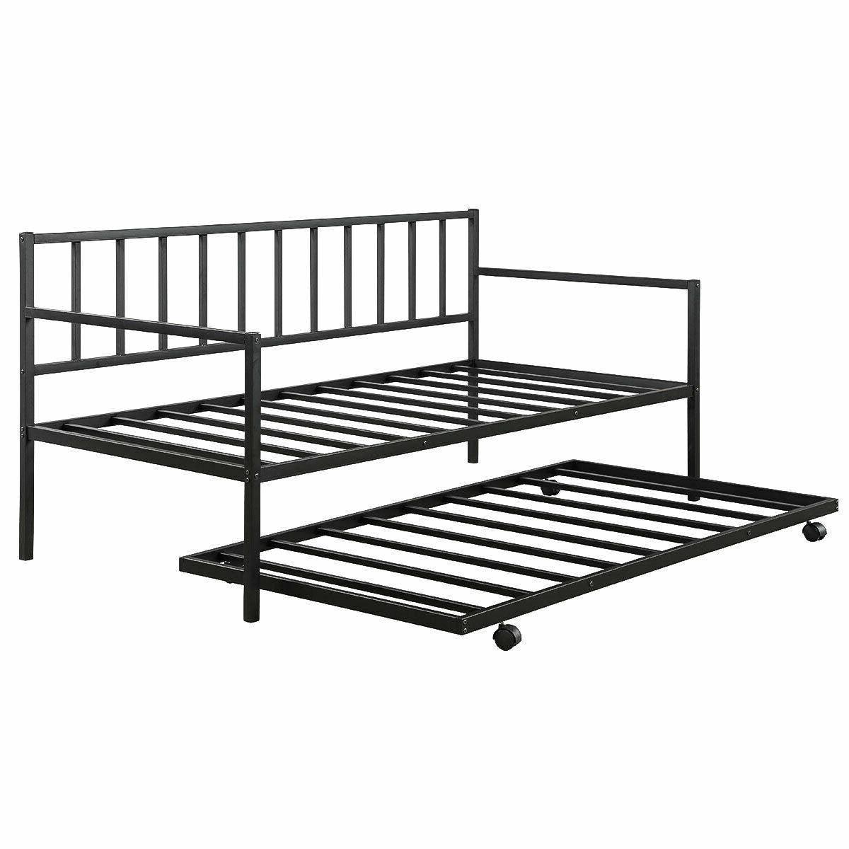 Twin size Black Metal Daybed with Roll-out Trundle Bed Frame - PRHOMZ