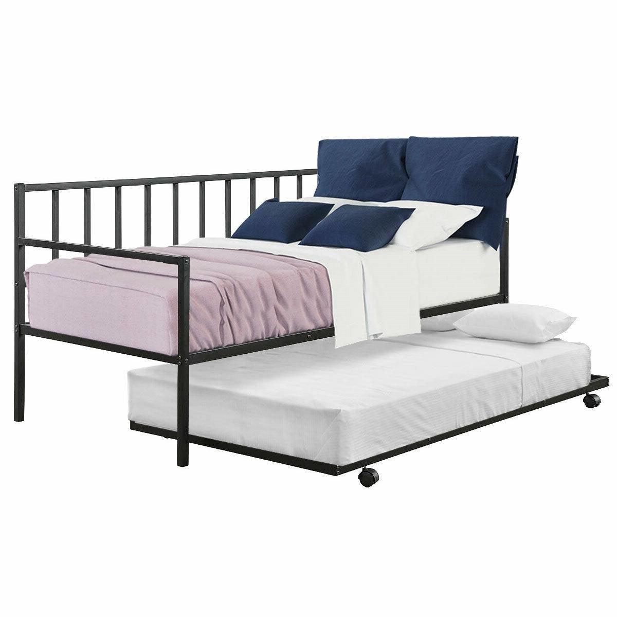 Twin size Black Metal Daybed with Roll-out Trundle Bed Frame - PRHOMZ