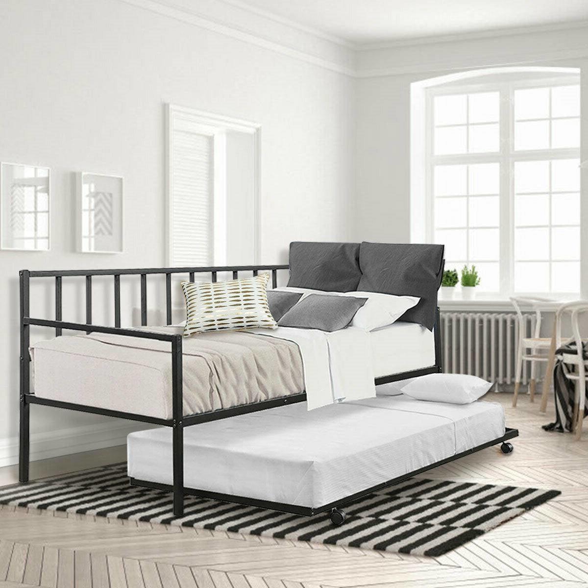 Twin size Black Metal Daybed with Roll-out Trundle Bed Frame - PRHOMZ
