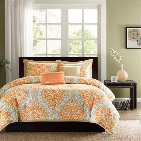 Twin size 4-Piece Orange White Damask Print Comforter Set - PRHOMZ