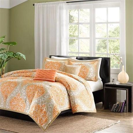 Twin size 4-Piece Orange White Damask Print Comforter Set - PRHOMZ