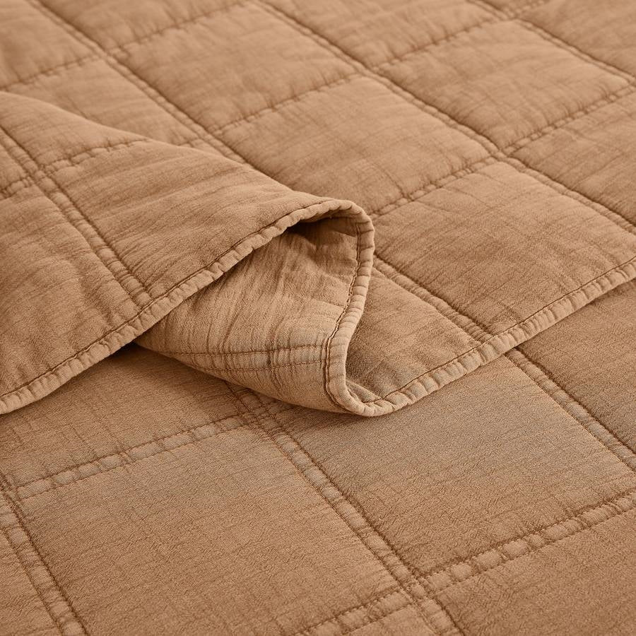 Full/Queen Size 3-Piece Taupe Brown Sienna Faded Stone Washed Cotton Quilt Set-4