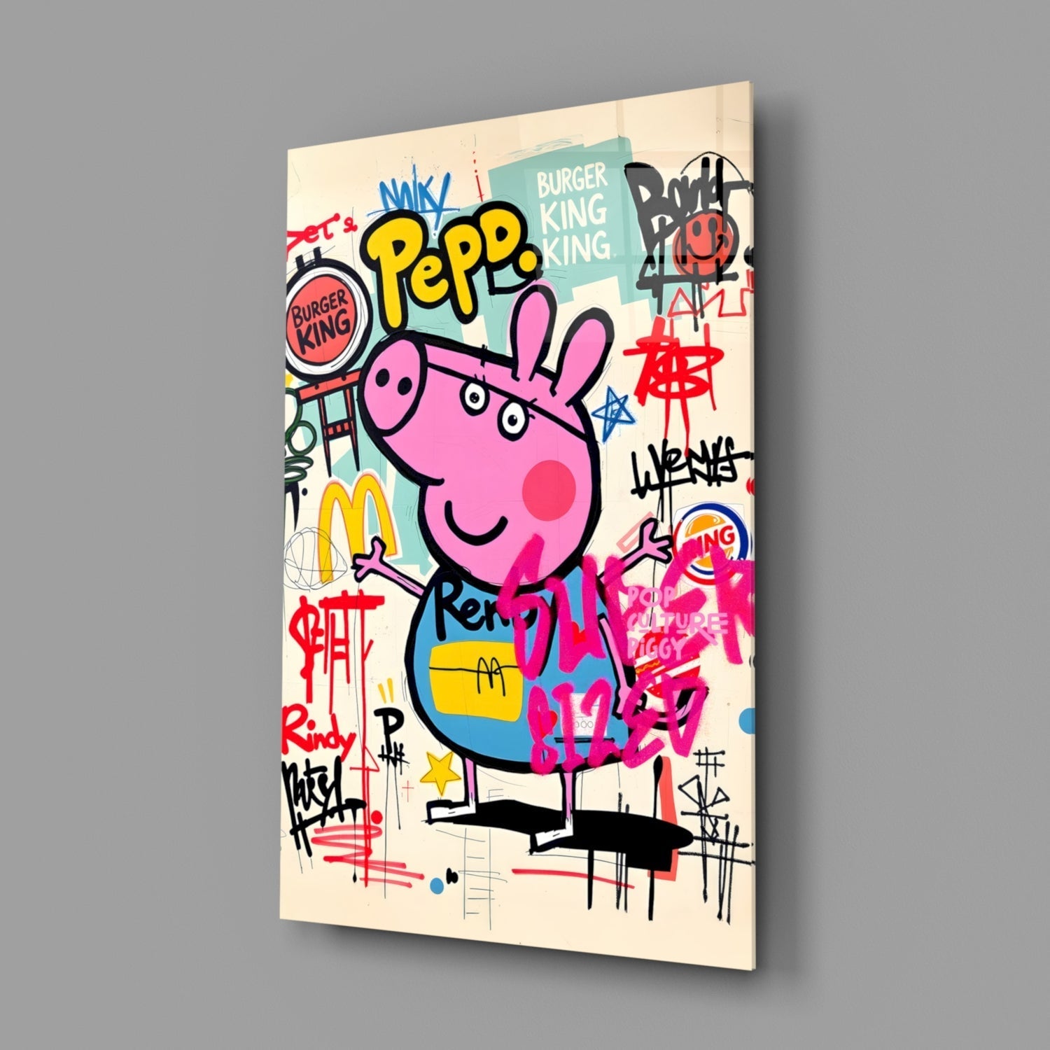 Urban Cartoon Piglet Glass Wall Art || Designer Collection