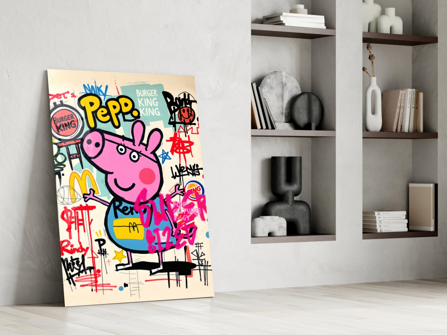 Urban Cartoon Piglet Glass Wall Art || Designer Collection