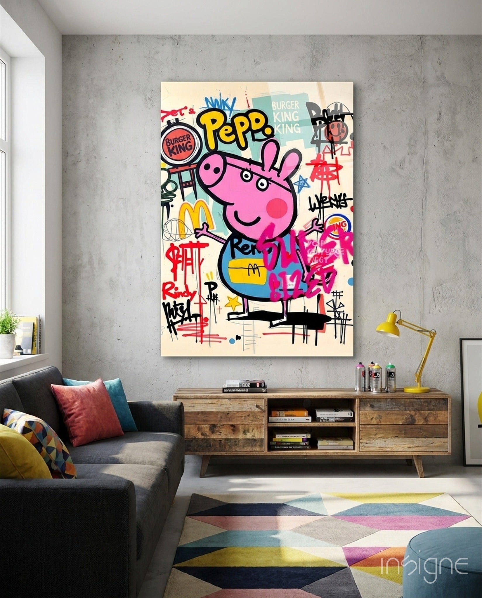 Urban Cartoon Piglet Glass Wall Art || Designer Collection